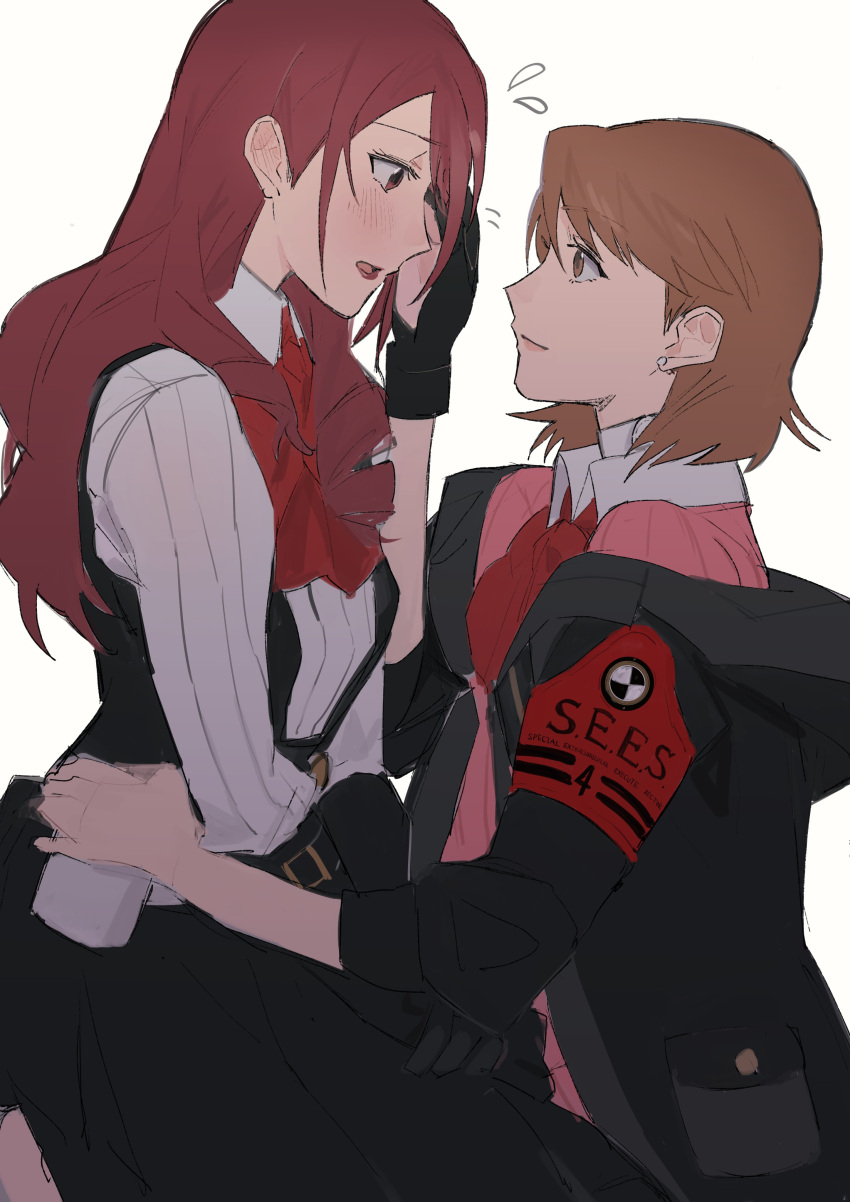 2girls absurdres biiko_(king1015g) blush brown_eyes brown_hair eye_contact flying_sweatdrops gekkoukan_high_school_uniform hand_on_own_face highres kirijou_mitsuru long_hair looking_at_another multiple_girls persona persona_3 persona_3_reload red_hair s.e.e.s school_uniform short_hair simple_background sitting sitting_on_lap sitting_on_person smile takeba_yukari yuri