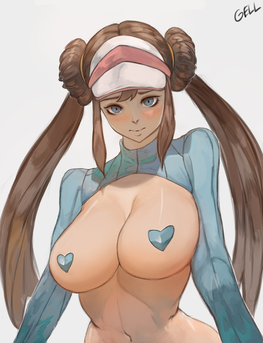 1girl alternate_costume artist_name blue_eyes blush breasts brown_hair closed_mouth commentary_request covered_nipples double_bun gelldraws grey_background hair_bun heart_pasties highres large_breasts long_hair long_sleeves looking_at_viewer navel pasties pokemon pokemon_bw2 rosa_(pokemon) shrug_(clothing) twintails upper_body visor_cap