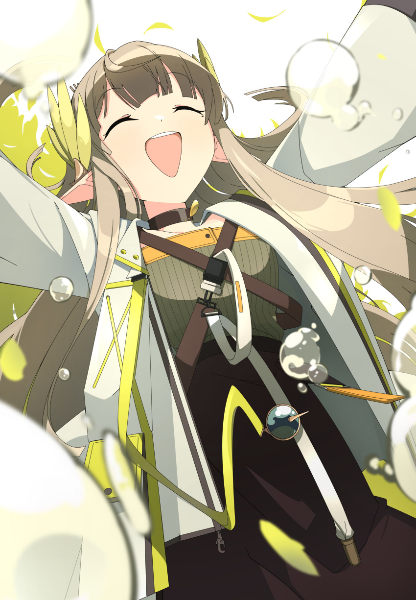 1girl absurdres arknights black_choker blush brown_hair bubble choker coat elf happy highres i211 jacket long_hair long_sleeves mole mole_under_eye muelsyse_(arknights) open_clothes open_mouth pointy_ears shirt simple_background smile solo very_long_hair yellow_eyes