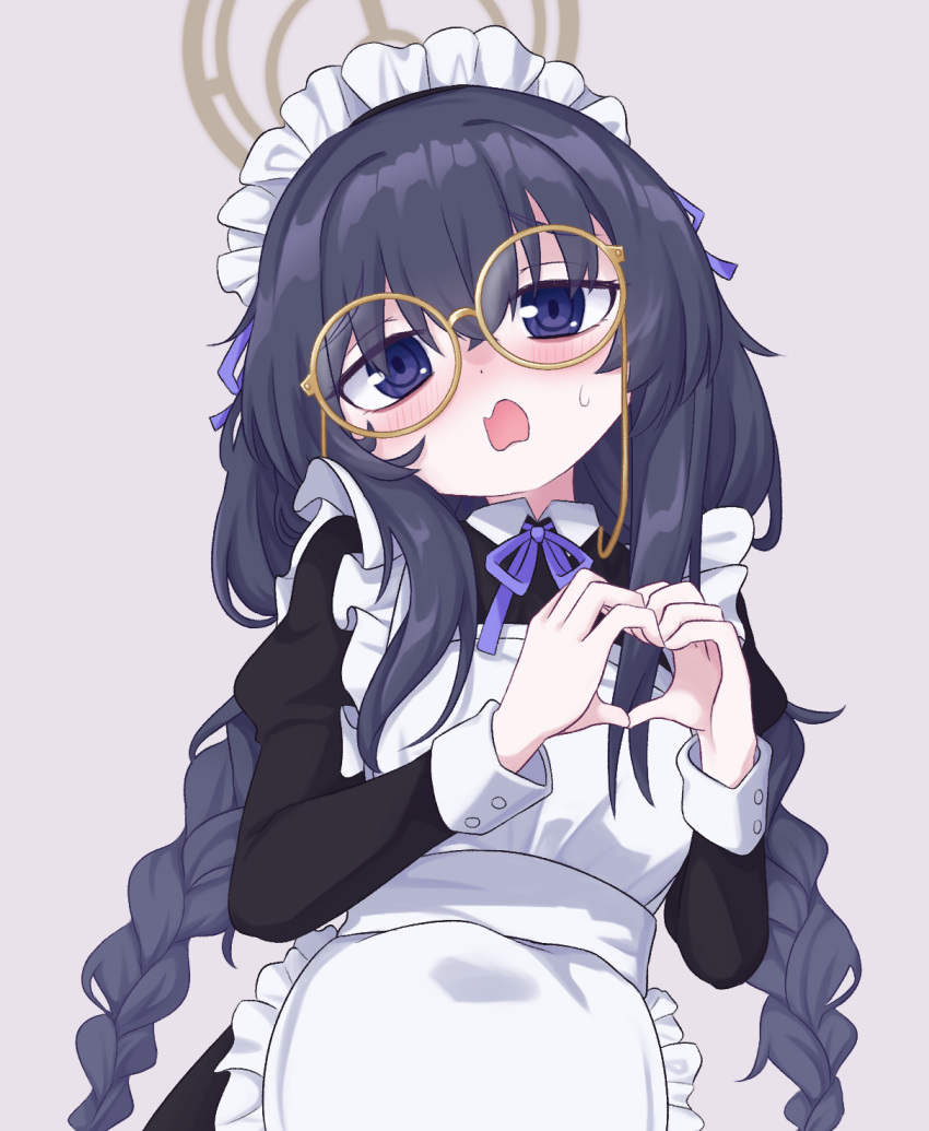 1girl alternate_costume apron bags_under_eyes black_dress black_hair blue_archive blue_eyes blush braid commentary dress enmaided eyewear_strap frilled_apron frills glasses grey_background hair_between_eyes halo heart heart_hands highres long_hair low_twin_braids maid maid_apron maid_headdress mixed-language_commentary open_mouth pankobreaddumbs round_eyewear simple_background solo sweatdrop twin_braids ui_(blue_archive) very_long_hair wavy_mouth