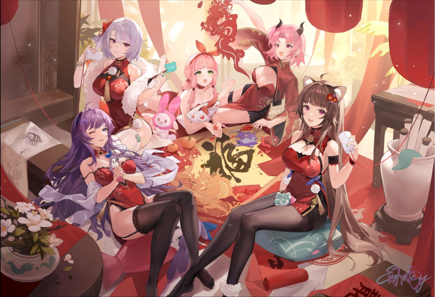 5girls :d ;) ahoge animal_ears bare_shoulders black_pantyhose black_thighhighs blue_eyes bow bow_hairband breasts china_dress chinese_clothes chinese_new_year chinese_paper-cut cleavage commission cushion dao_fu demon_horns dress eoe feather_boa feet_up flower full_body garter_straps green_eyes hair_flower hair_ornament hairband horns indoors knees_up lantern large_breasts long_hair long_sleeves looking_at_viewer low_twintails luzao_(eoe) lying miao_tang_yu_panduola_he minuo_(eoe) multiple_girls no_shoes off_shoulder on_back on_side on_stomach one_eye_closed one_side_up pantyhose paper_lantern pelvic_curtain pink_eyes pink_hair plant potted_plant purple_hair raccoon_ears red_bow red_dress red_flower red_hairband scroll second-party_source shirt short_hair sitting sleeveless sleeveless_shirt smile the_pose thighhighs twintails very_long_hair wan'er_(eoe) white_flower white_hair white_thighhighs you'en_(eoe) yumo_(eoe)