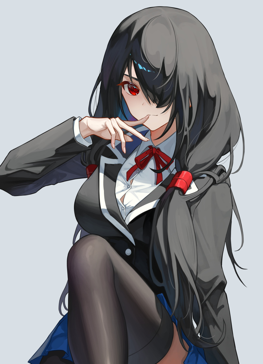 1girl :3 absurdres arm_at_side black_hair black_jacket black_thighhighs blazer blue_skirt bow breasts button_gap closed_mouth collared_shirt commentary cowboy_shot date_a_live fenglansishui finger_to_mouth grey_background hair_over_one_eye hair_over_shoulder hand_up highres jacket knee_up large_breasts light_smile long_hair long_sleeves looking_at_viewer low-tied_long_hair red_bow red_eyes red_ribbon ribbon school_uniform shirt simple_background sitting skirt solo thighhighs tokisaki_kurumi very_long_hair white_shirt zettai_ryouiki