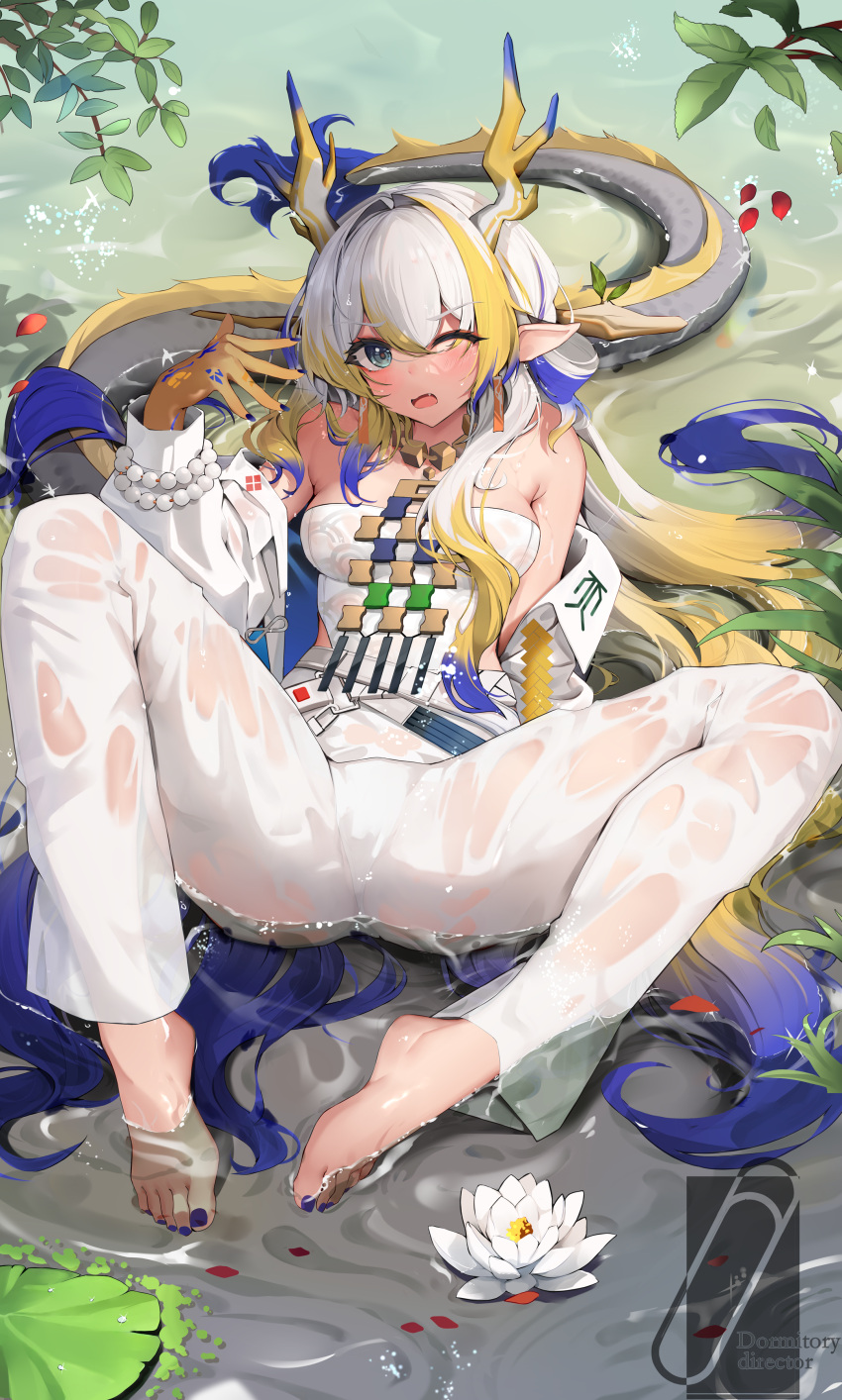 1girl absurdres arknights bare_shoulders barefoot bead_bracelet beads bracelet colored_tips dragon_girl dragon_horns dragon_tail earrings eyeliner fang flower hair_ornament hair_stick highres horns jacket jewelry knee_up long_hair lotus makeup multicolored_hair nail_polish no_shoes one_eye_closed pants partially_submerged pointy_ears qinshishizhang red_eyeliner red_pupils shirt shu_(arknights) sitting spread_legs strapless strapless_shirt tail tassel tassel_earrings wet wet_clothes wet_shirt white_hair white_jacket white_pants