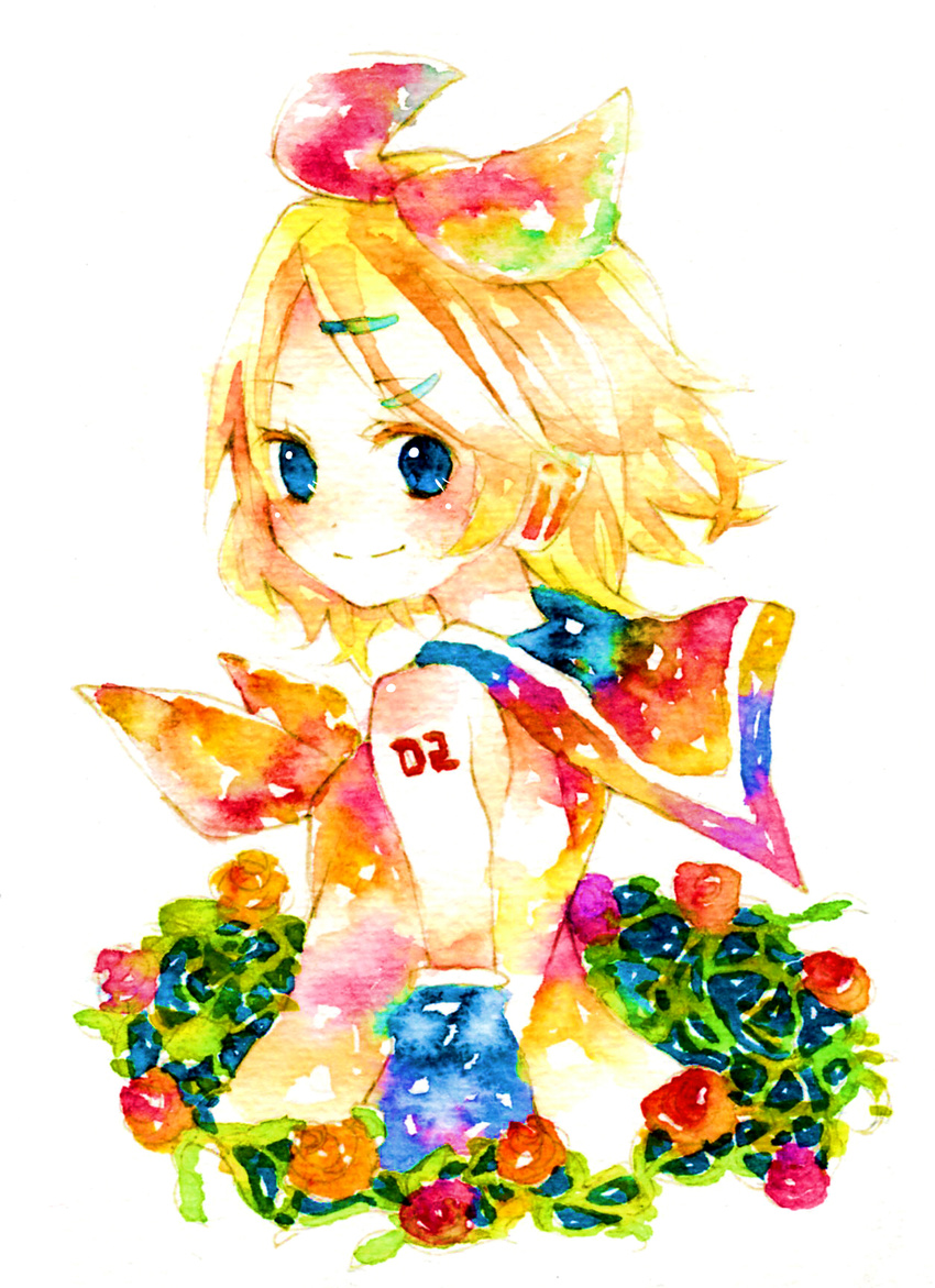 blonde_hair colorful flower highres kagamine_rin legomaru solo traditional_media vocaloid watercolor_(medium)