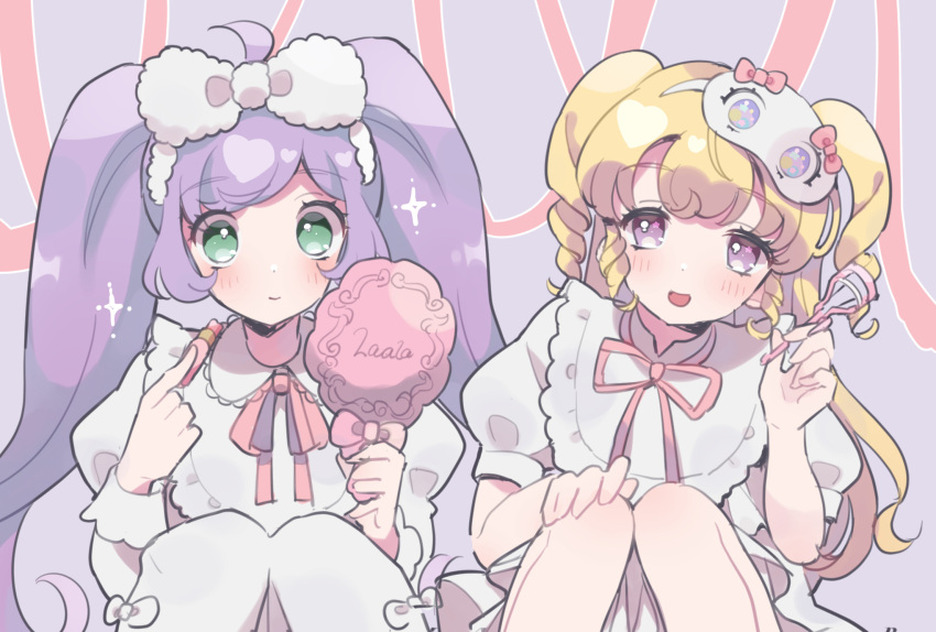 2girls blonde_hair bow character_name closed_mouth collared_dress cosmetics dress eyelash_curler hair_bow hairband hand_mirror hand_up hands_up highres holding holding_lipstick_tube holding_mirror hoshikuzu_(pinkholic) idol_time_pripara juliet_sleeves knees_up lipstick_tube long_hair long_sleeves manaka_laala mirror multiple_girls neck_ribbon open_mouth pink_ribbon pretty_series pripara puffy_short_sleeves puffy_sleeves purple_eyes purple_hair ribbon short_sleeves sleep_mask smile sparkle twintails very_long_hair white_dress white_hairband yumekawa_yui