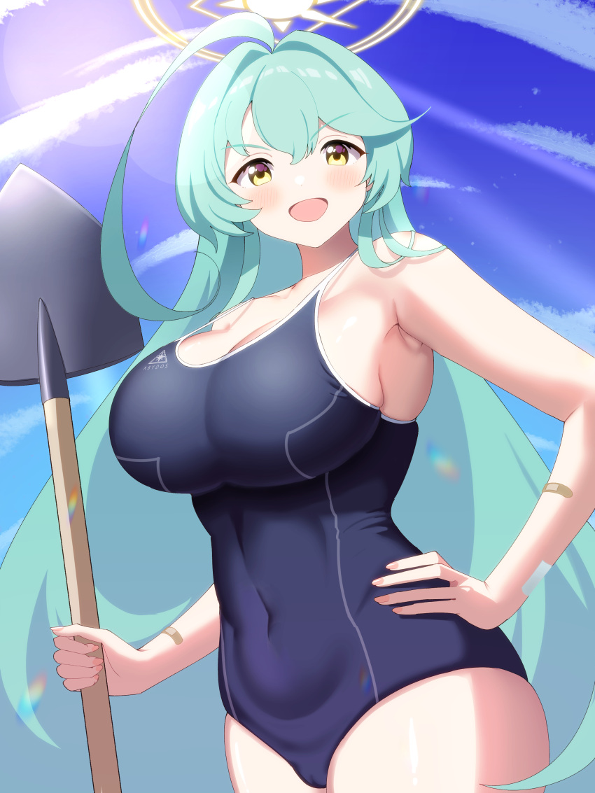 1girl absurdres abydos_high_school_swimsuit ahoge bandaid bare_arms bare_legs bare_shoulders black_one-piece_swimsuit blue_archive blush breasts cleavage cowboy_shot fingernails green_hair hair_between_eyes halo hand_on_own_hip highres huge_ahoge large_breasts long_hair one-piece_swimsuit open_mouth school_swimsuit shovel smile solo swimsuit ushiroki yellow_eyes yellow_halo yume_(blue_archive)