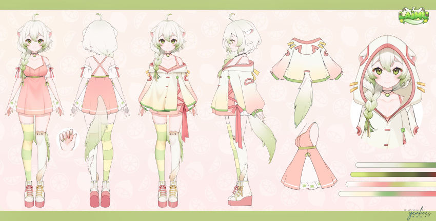 1girl absurdres ahoge animal_ears asymmetrical_legwear boots braid breasts cleavage detached_sleeves double-parted_bangs dress ferret_ears ferret_girl ferret_tail full_body gradient_hair gradient_hoodie gradient_tail green_eyes green_hair green_nails hair_ornament highres jewelry laimu_(vtuber) long_hair medium_breasts multicolored_hair necklace official_art pink_dress pink_nails platform_boots platform_footwear reference_sheet sidelocks single_braid standing striped_clothes striped_thighhighs thighhighs two-tone_hair vinesauce virtual_youtuber white_hair white_thighhighs yenkoes