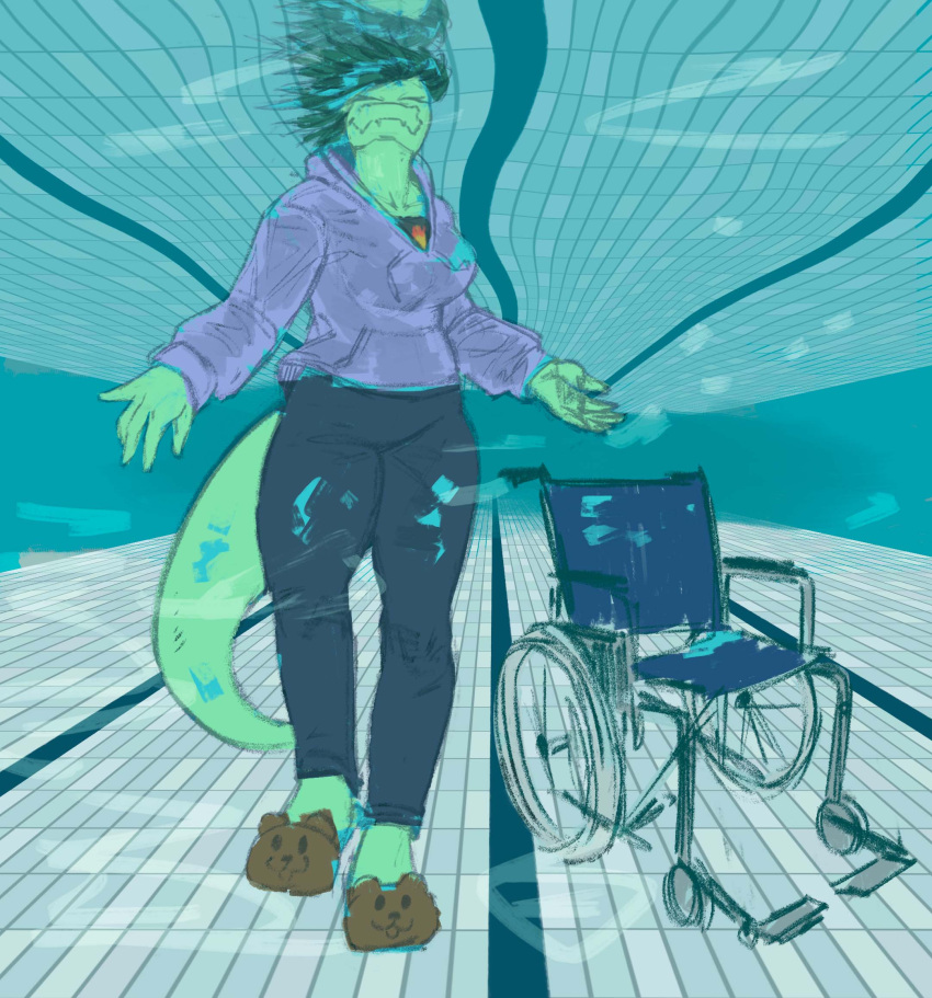 2024 5_fingers anthro baryonyx clothing detailed_background digital_drawing_(artwork) digital_media_(artwork) dinosaur disability eyes_closed female fingers footwear green_body green_scales hair hi_res hoodie i_wani_hug_that_gator long_tail olivia_halford paraplegic reptile scales scalie shoes short_hair slippers solo spinosaurid swimming_pool tail teguimore theropod topwear underwater water wheelchair