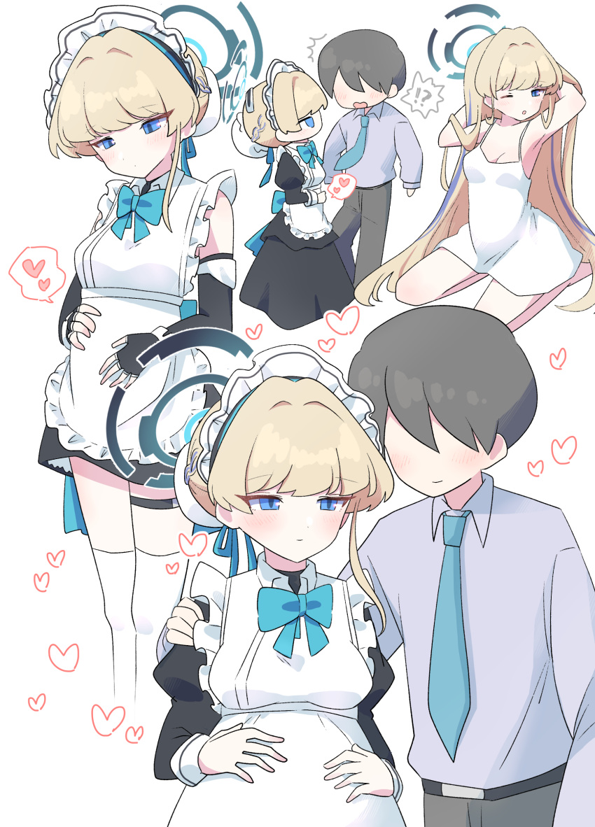 !? 1boy 1girl absurdres alternate_costume apron big_belly blonde_hair blue_archive blue_eyes blue_halo blue_necktie breasts commentary_request frilled_apron frills hakaseani12 halo heart highres long_hair maid maid_apron maid_headdress multiple_views necktie pregnant sensei_(blue_archive) spoken_heart toki_(blue_archive) waist_apron white_apron