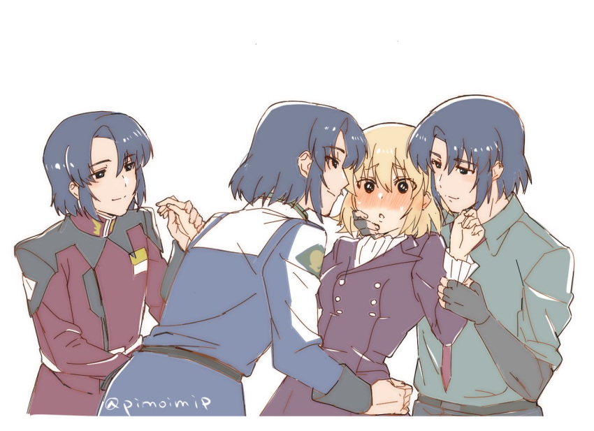 1girl 3boys athrun_zala blonde_hair blue_hair blush cagalli_yula_athha clone_harem grey_shirt gundam gundam_seed gundam_seed_destiny gundam_seed_freedom holding_hands military_uniform multiple_boys multiple_persona nose_blush pant_suit pants pimoiomip red_tie shirt short_hair suit uniform white_background