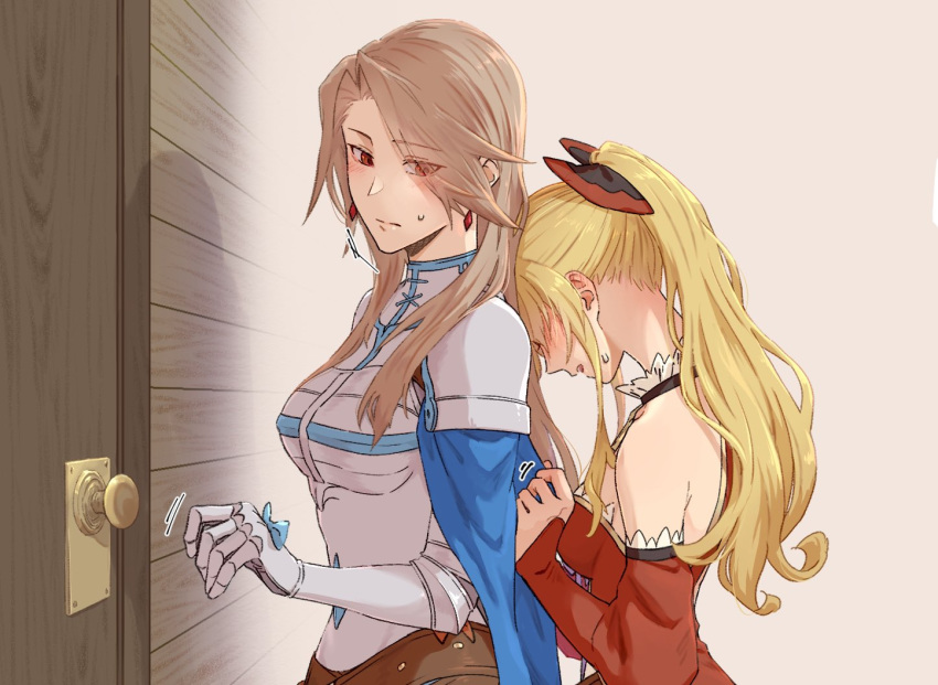 2girls black_bow blonde_hair blush bow breasts brown_hair choker cleavage collarbone commentary_request couple doorknob dress earrings granblue_fantasy hair_bow high_ponytail jewelry katalina_(granblue_fantasy) lace lace_choker long_hair medium_breasts miso-ha_(ukyuu) multiple_girls ponytail red_bow red_sleeves straight_hair strapless strapless_dress two-tone_bow vira_(granblue_fantasy) yuri
