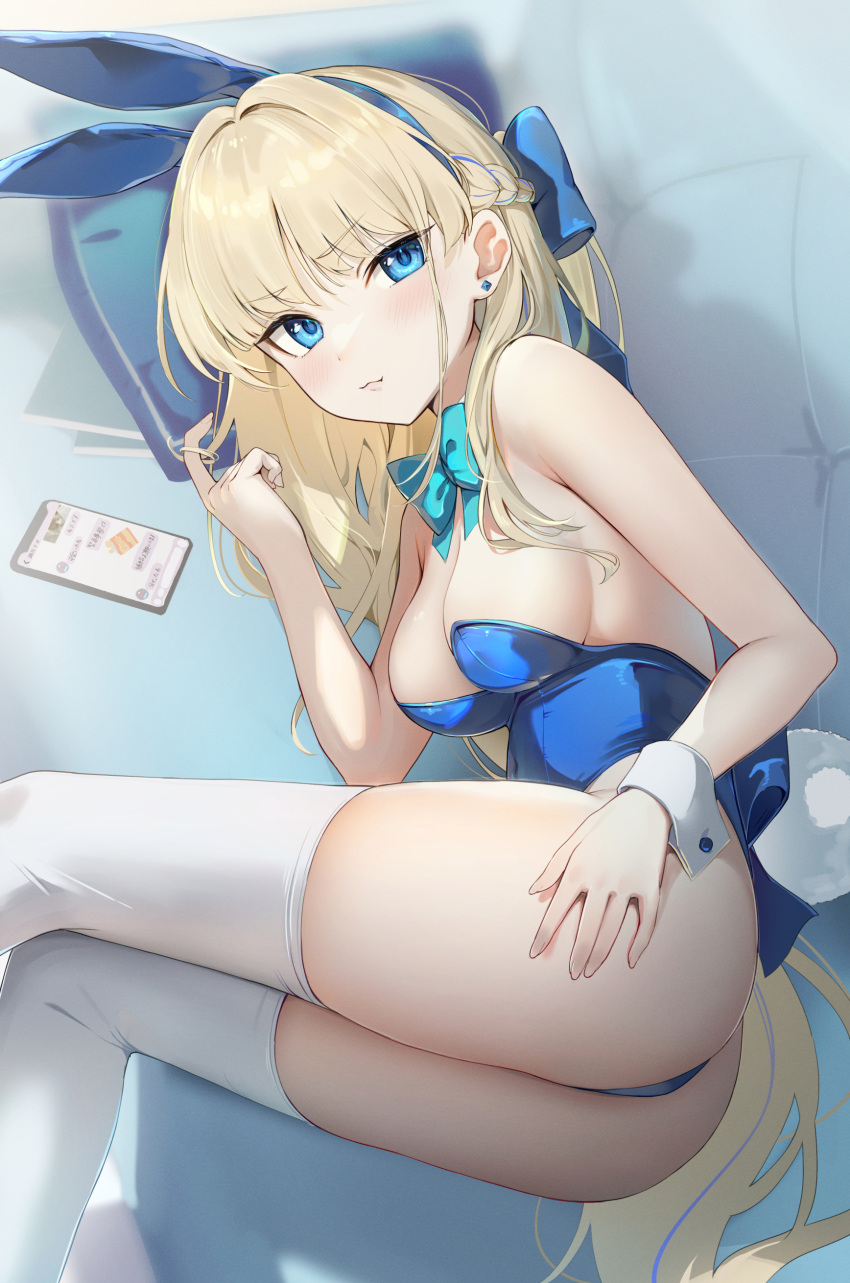 1girl :3 absurdres ass auui bare_shoulders blonde_hair blue_archive blue_bow blue_bowtie blue_eyes blue_leotard blurry blush bow bowtie braid breasts closed_mouth commentary_request earrings french_braid hair_bow hand_on_own_thigh highres jewelry leotard looking_at_viewer lying medium_breasts official_alternate_costume official_alternate_hairstyle on_side phone smug solo strapless strapless_leotard stud_earrings thighhighs thighs toki_(blue_archive) toki_(bunny)_(blue_archive) v-shaped_eyebrows white_thighhighs white_wrist_cuffs wrist_cuffs