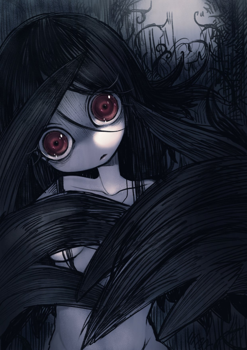1girl bad_id bad_twitter_id black_hair breasts collarbone covering_breasts covering_privates eyelashes feathered_wings hair_between_eyes harpy hatching_(texture) head_tilt highres long_hair looking_at_viewer monster_girl original pale_skin parted_lips red_eyes ruu_bot small_breasts solo winged_arms wings