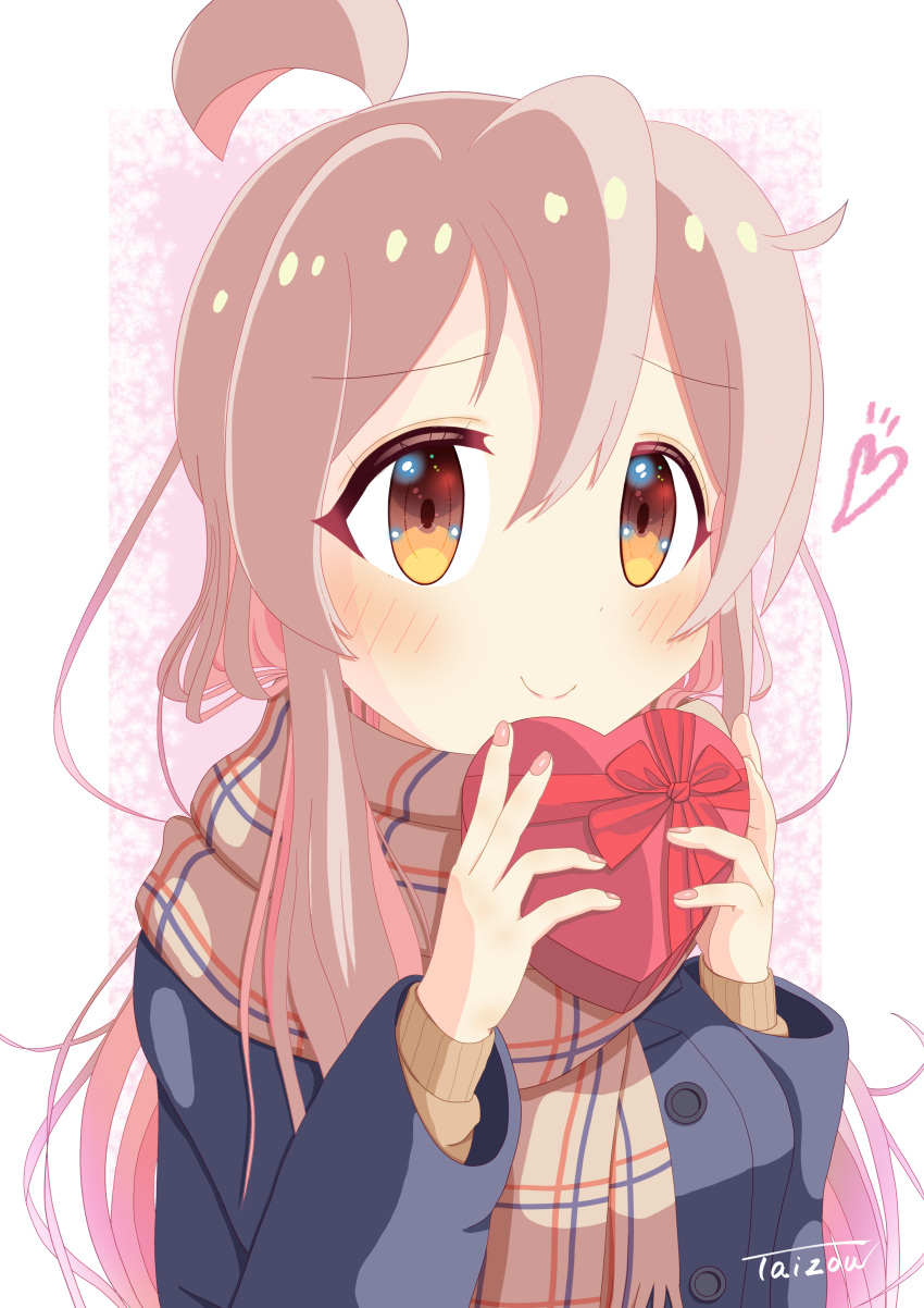 1girl absurdres ahoge artist_name candy chocolate food genderswap genderswap_(mtf) heart heart-shaped_chocolate highres holding holding_chocolate holding_food jacket long_hair long_sleeves looking_at_viewer onii-chan_wa_oshimai! orange_eyes oyama_mahiro pink_hair scarf smile solo taizou valentine