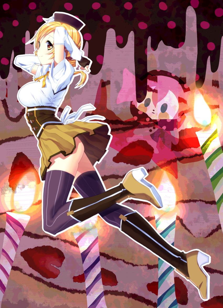 arms_up ass bad_id bad_pixiv_id beret black_legwear blonde_hair boots breasts cake candle charlotte_(madoka_magica) detached_sleeves drill_hair fingerless_gloves fire flame food from_side gloves hat highres hikaru_kirara large_breasts legs mahou_shoujo_madoka_magica thighhighs thighs tomoe_mami twin_drills twintails witch's_labyrinth yellow_eyes zettai_ryouiki