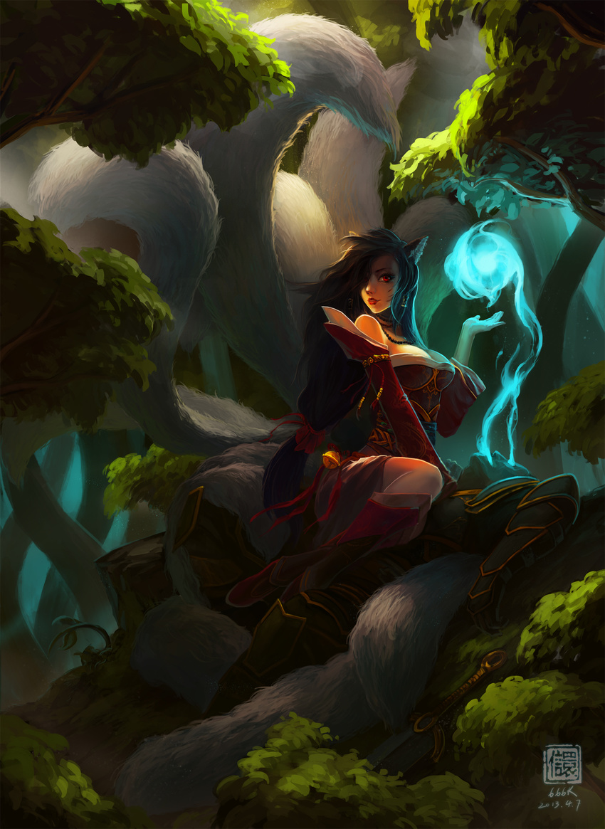 6kart absurdres ahri animal_ears armor black_hair blue_fire boots breasts cleavage energy fire forest fox_ears fox_tail full_body highres large_breasts league_of_legends long_hair looking_at_viewer monster moss nature outdoors red_eyes signature sitting solo sword tail tree weapon