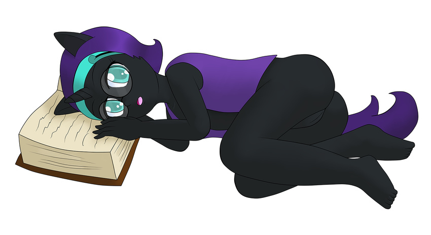 anonjg anthro anthrofied black_body book cub eyewear female glasses horn human humanized jacket lying mammal my_little_pony nude nyx_(mlp) open_mouth original_character plain_background pussy simple_background sleepy solo white_background young young_human