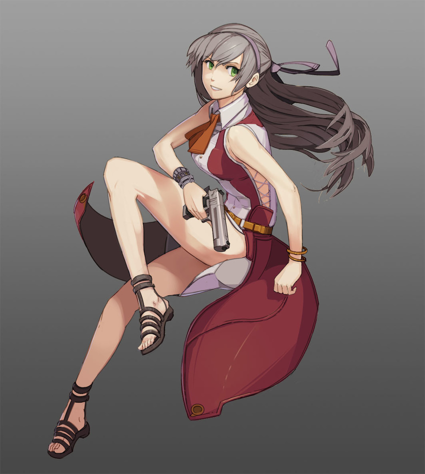 alternate_costume bare_legs bracelet desert_eagle eiyuu_densetsu elie_macdowell full_body green_eyes grey_background grey_hair gun hairband half_updo handgun jewelry legs long_hair long_legs necktie parted_lips pistol sandals simple_background skirt smile solo thighs weapon xiaojuese zero_no_kiseki