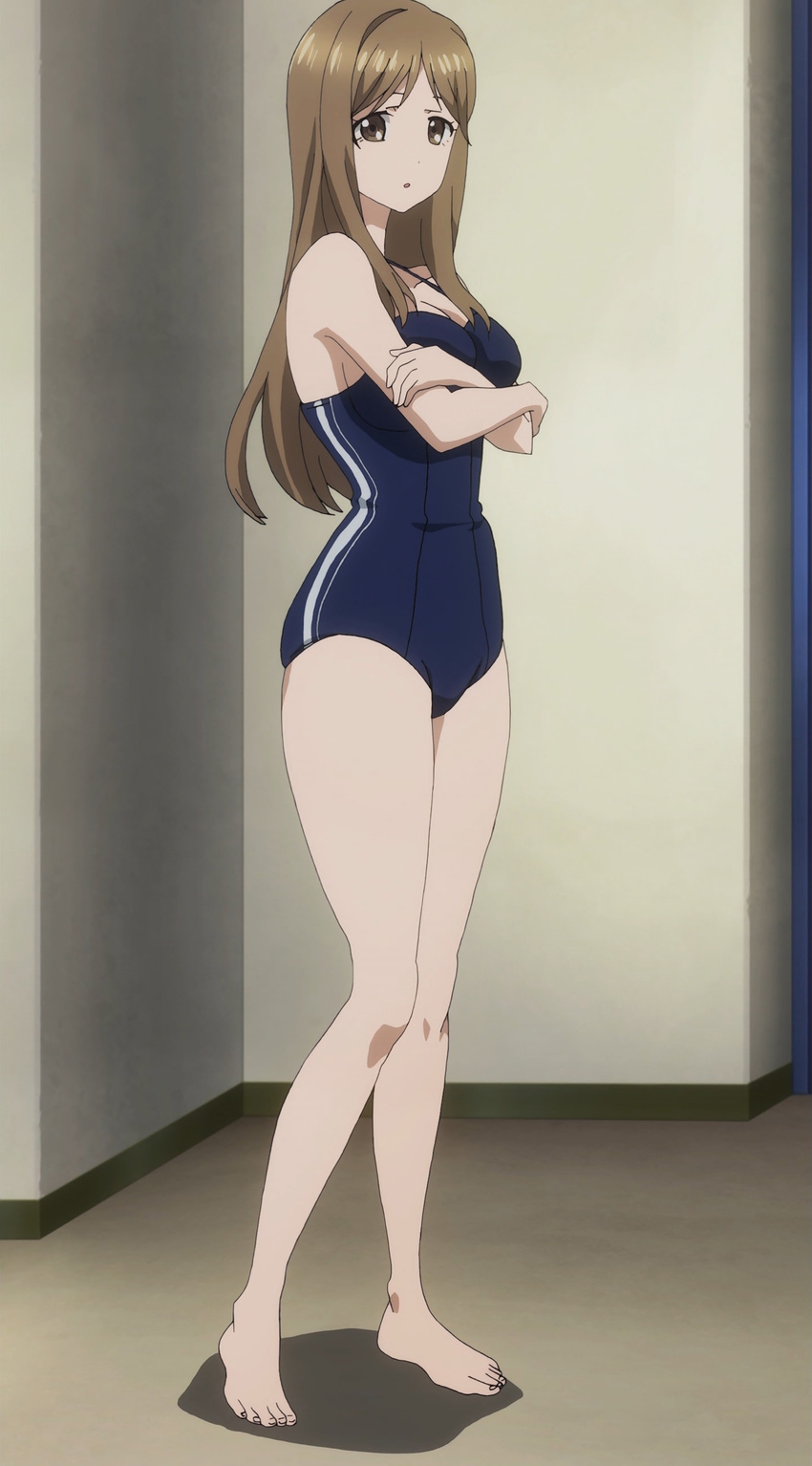 absurdres breasts brown_eyes brown_hair cleavage highres large_breasts long_hair one-piece_swimsuit photokano school_swimsuit screencap solo swimsuit yunoki_rina