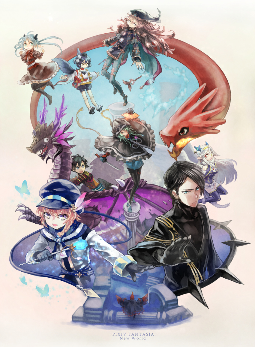 4girls black_hair blue_hair bug butterfly copyright_name dragon eastern_dragon highres insect long_hair multiple_boys multiple_girls open_mouth pixiv_fantasia pixiv_fantasia_new_world pointy_ears riinu_(ir-n) short_hair smile wings