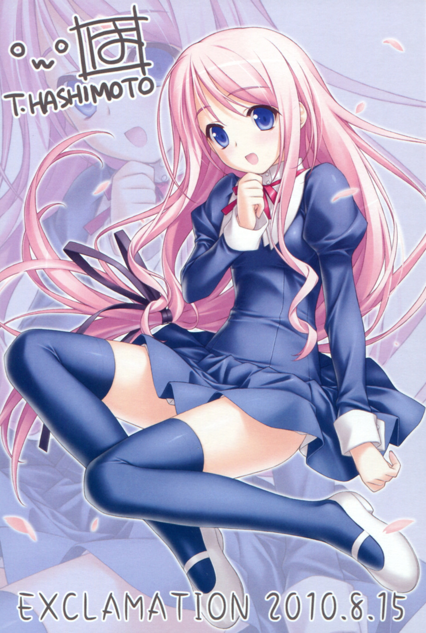 :d artist_name blue_eyes blue_legwear cherry_blossoms dated hair_ribbon hashimoto_takashi highres juliet_sleeves legs long_hair long_sleeves low-tied_long_hair mary_janes open_mouth petals pink_hair puffy_sleeves ribbon sakura_nanako sakura_sakura school_uniform shoes signature smile solo thighhighs very_long_hair zettai_ryouiki zoom_layer