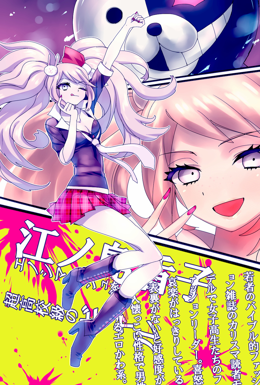 bad_id bad_pixiv_id blood blue_eyes boots bow danganronpa danganronpa_1 enoshima_junko hair_bow hair_ornament highres knee_boots long_hair monokuma nail_polish necktie paneled_background pink_hair school_uniform skirt sleeves_rolled_up smile suzuki_(szk0727) translation_request twintails