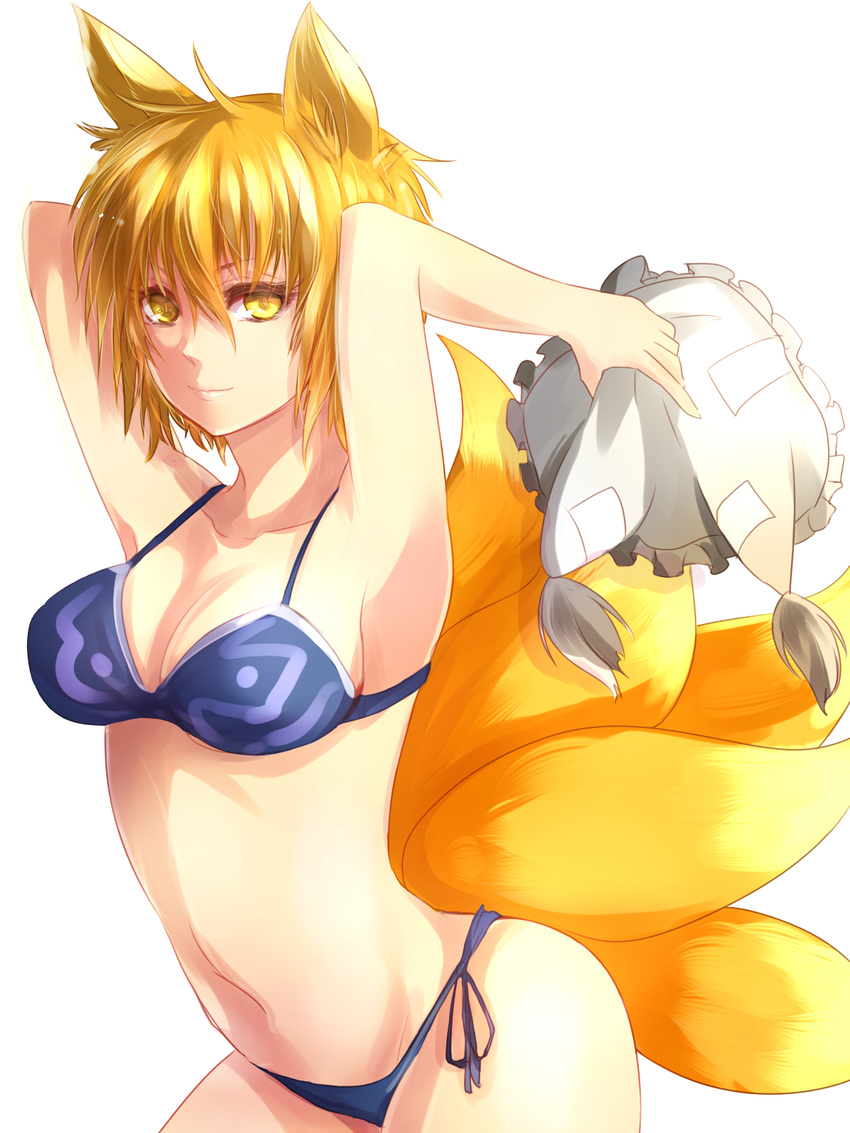 amua animal_ears armpits arms_up bad_id bad_pixiv_id bikini blonde_hair blue_bikini breasts cleavage fox_ears fox_tail hat hat_removed headwear_removed highres large_breasts looking_at_viewer navel short_hair side-tie_bikini simple_background smile solo swimsuit tail touhou white_background yakumo_ran yellow_eyes