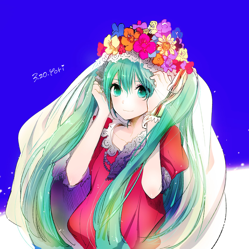 absurdres flower green_eyes green_hair hatsune_miku highres long_hair solo veil very_long_hair vocaloid yokoyari_mengo