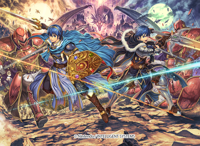 armor blue_eyes blue_hair commentary_request company_name copyright_name fire_emblem fire_emblem:_monshou_no_nazo fire_emblem_cipher gloves helmet holding holding_sword holding_weapon izuka_daisuke marth multiple_boys my_unit_(fire_emblem:_shin_monshou_no_nazo) nintendo official_art open_mouth short_hair sword weapon