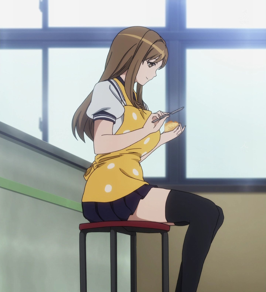 apron brown_eyes brown_hair butter_knife cake chair feet_out_of_frame food from_side highres long_hair photokano school_uniform screencap sitting solo thighhighs window yunoki_rina