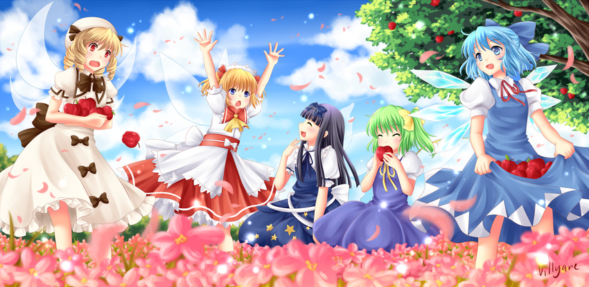 apple arms_up artist_name ascot black_hair blonde_hair blue_eyes blue_hair cirno daiyousei dress drill_hair eating fairy fairy_wings flower food fruit green_hair hat highres long_hair luna_child multiple_girls petals red_eyes short_hair skirt skirt_basket smile star_sapphire sunny_milk touhou tree villyane wings