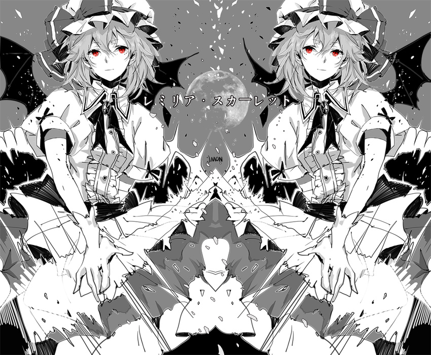 bad_id bad_pixiv_id brooch character_name greyscale hat hat_ribbon jewelry kyer monochrome moon puffy_short_sleeves puffy_sleeves red_eyes remilia_scarlet ribbon short_hair short_sleeves symmetry touhou