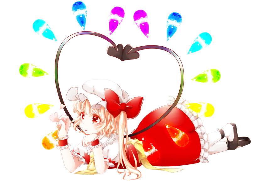akeyo26 ascot asymmetrical_hair blonde_hair flandre_scarlet hat hat_ribbon heart highres looking_up lying mob_cap on_stomach pantyhose red_eyes ribbon short_hair short_sleeves side_ponytail simple_background skirt skirt_set solo touhou white_background wings wrist_cuffs