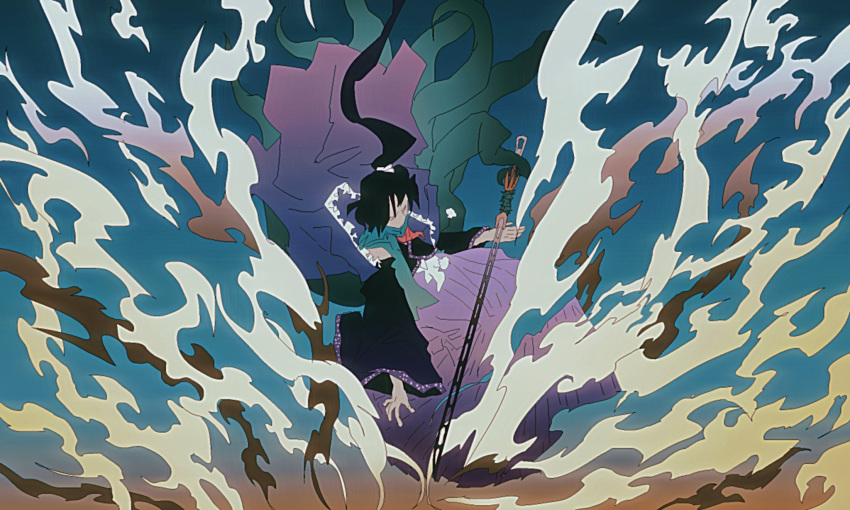 1other adagumo_no_yaorochi androgynous bare_shoulders black_hair black_kimono black_sleeves blue_sky bottle_opener cape chinese_commentary commentary_request dawn detached_sleeves faceless floating floating_cape floating_hair floral_print frilled_cape full_body gradient_sky green_jacket green_scarf hair_ornament hair_scrunchie hakama hakama_skirt high_side_ponytail highres holding holding_sword holding_weapon jacket japanese_clothes jinbaori kimono len'en long_hair long_sleeves multiple_tails mxx33 other_focus outdoors pom_pom_(clothes) prehensile_tail purple_cape purple_hakama red_scarf scarf scrunchie short_kimono skirt sky sleeveless sleeveless_kimono smoke snake_tail solo sword sword_of_kusanagi tail tasouken very_long_hair weapon white_scrunchie wide_sleeves