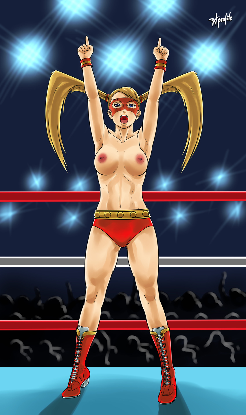 absurdres areolae blonde_hair blue_eyes boots breasts cross-laced_footwear highres lace-up_boots large_breasts long_hair mask navel nipples open_mouth pointing pointing_up rainbow_mika ramiro_de_la_cruz solo street_fighter toned topless twintails wrestling_outfit wrestling_ring wristband zangief zangief_(cosplay)