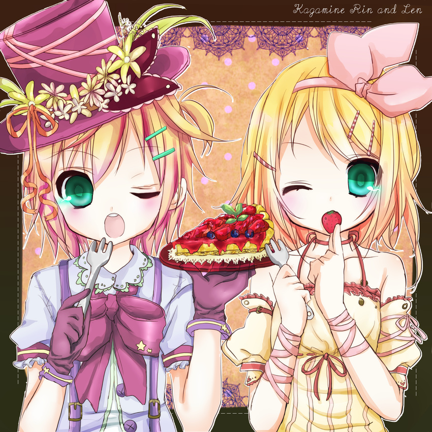 1girl blonde_hair brother_and_sister character_name colorized food fruit green_eyes highres inaresi kagamine_len kagamine_rin looking_at_viewer miku_rinren one_eye_closed open_mouth short_hair siblings strawberry vocaloid