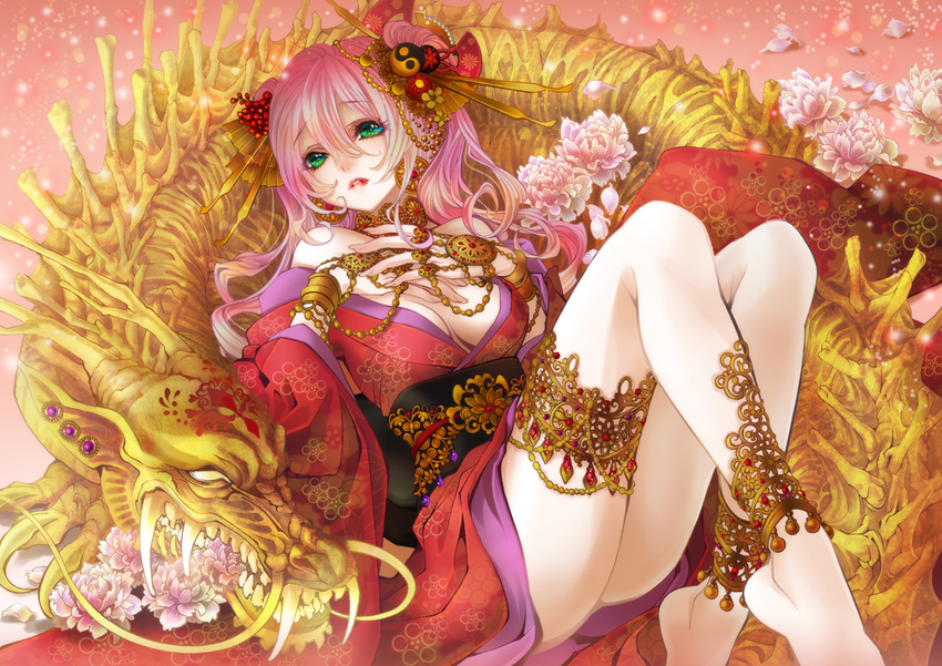 anklet bad_id bad_pixiv_id barefoot bracelet dragon flower green_eyes hair_ornament japanese_clothes jewelry kimono legs lips long_hair original peony_(flower) pink_hair solo yuzu_5101