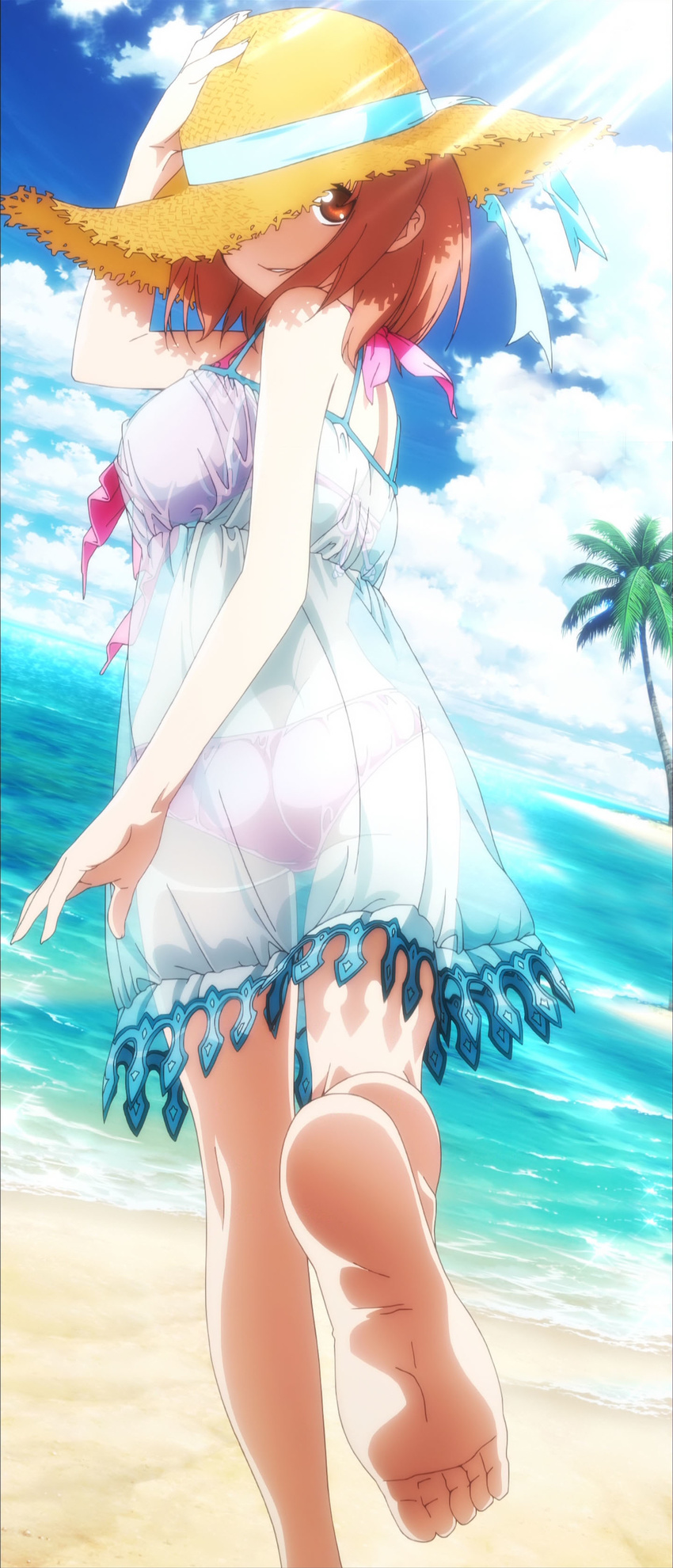 bikini cap dress feet hataraku_maou-sama! sasaki_chiho see_through summer_dress swimsuits