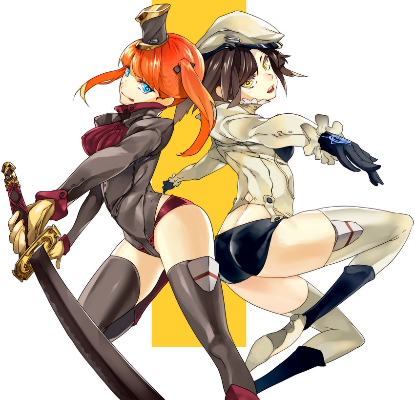 2girls :p beret black_hair blue_eyes cravat hat highres katana laio multiple_girls orange_hair original sword symbol-shaped_pupils thighhighs tongue tongue_out twintails weapon yellow_eyes