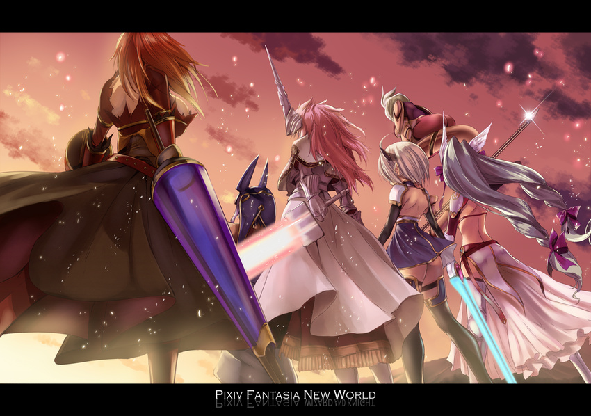 armor back black_legwear blonde_hair bow copyright_name dual_wielding english flying from_behind fukai_ryousuke gauntlets greaves hair_bow hair_ornament head_wings helmet holding horns lance letterboxed lineup long_hair multiple_girls pixiv_fantasia pixiv_fantasia_new_world polearm red_hair short_hair silver_hair sky sword thighhighs twintails weapon