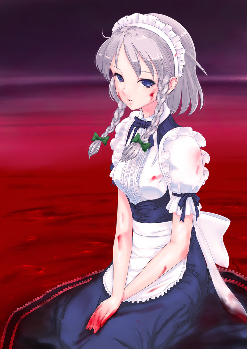 blood blood_stain blue_eyes braid highres izayoi_sakuya maid maid_headdress rasukaru silver_hair solo touhou twin_braids