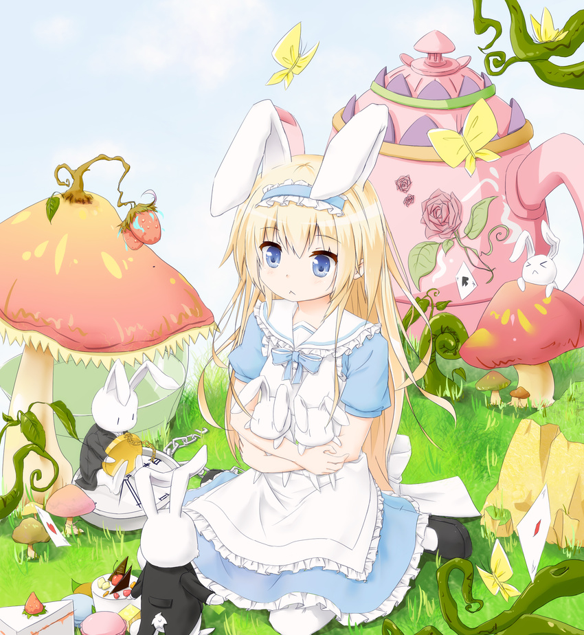 :&lt; absurdres alice_in_wonderland animal_ears bad_id bad_pixiv_id blonde_hair blue_eyes bug bunny bunny_ears butterfly highres insect kettle long_hair mushroom oversized_object plhsxf pocket_watch sitting solo wariza watch