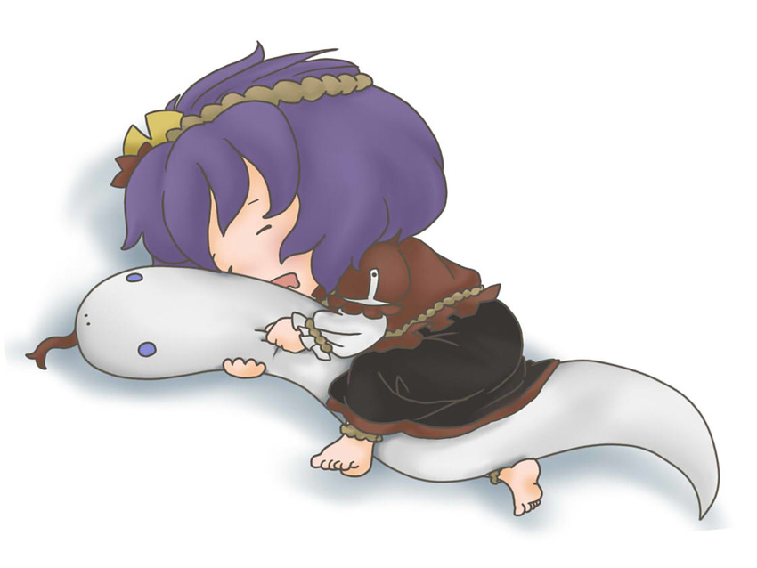 anklet barefoot drooling hair_ornament hug jewelry mabui purple_hair rope shimenawa short_hair snake tongue touhou yasaka_kanako