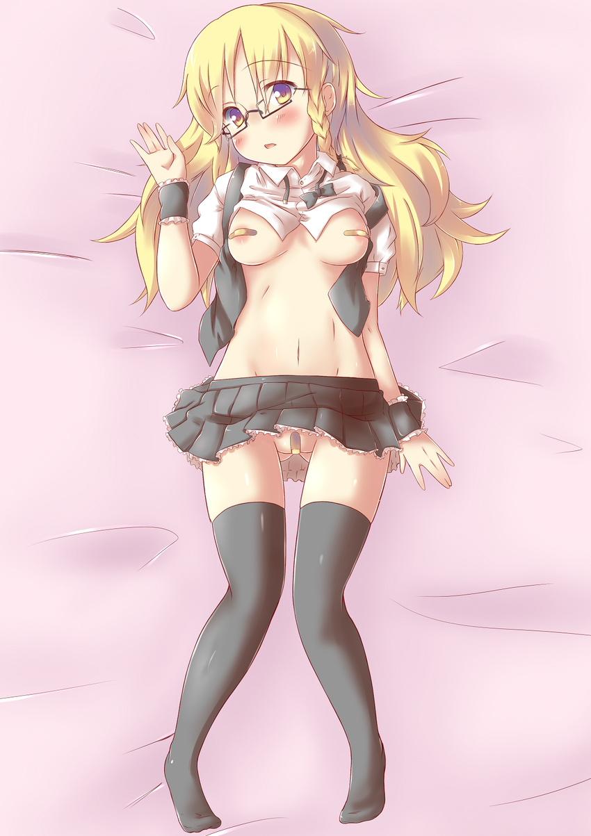 bandaid bandaid_on_pussy bandaids_on_nipples bespectacled black_legwear blonde_hair blush braid breasts from_above full_body glasses highres kirisame_marisa long_hair looking_at_viewer lying medium_breasts on_back pasties skirt solo spirytus_tarou thighhighs touhou