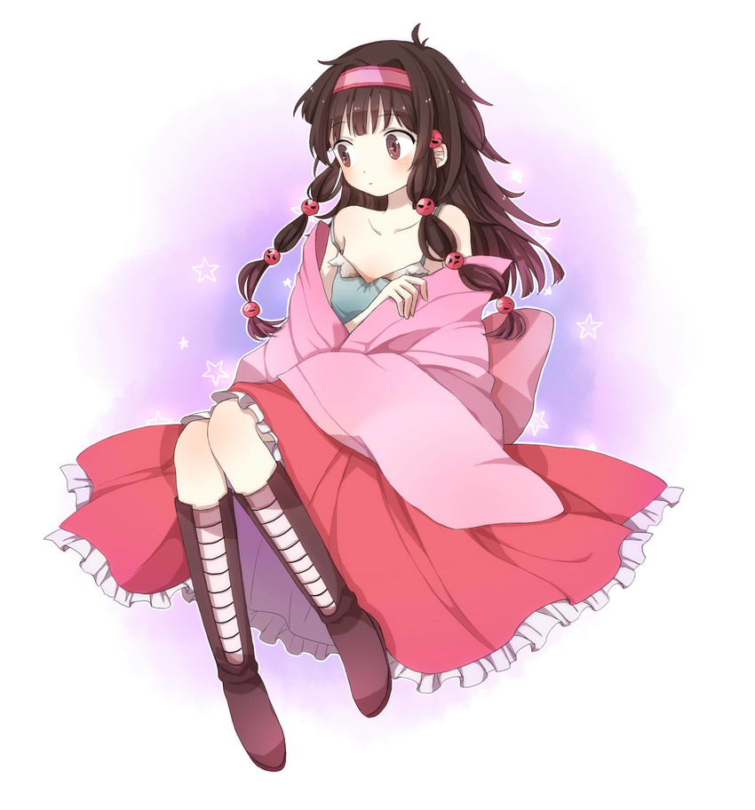 1boy alluka_zoldyck androgynous bare_shoulders black_hair blush boots hair_ornament hairband highres hunter_x_hunter japanese_clothes male off_shoulder pisuko pplemon purple_eyes sitting solo trap undressing