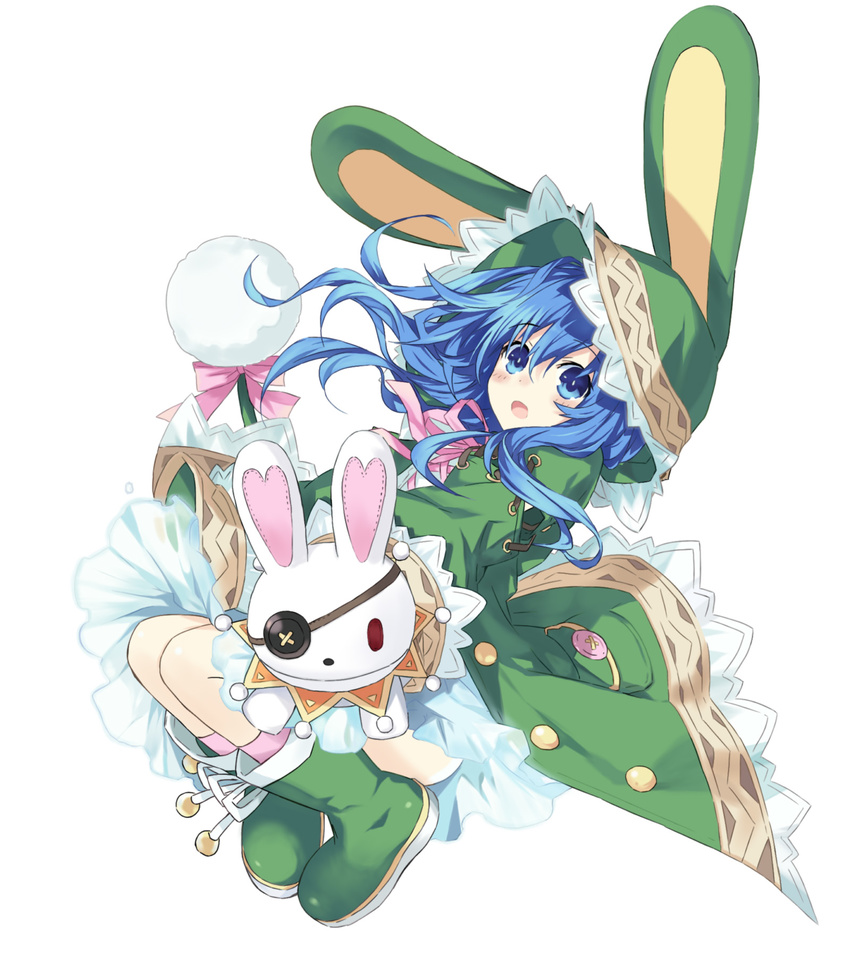 animal_ears ankle_boots bad_id bad_pixiv_id blue_eyes blue_hair boots bunny_ears cloak coat creature date_a_live derivative_work eyepatch flankoi_(jiqingjie2008) green_footwear highres hood hooded_cloak long_hair long_sleeves looking_at_viewer rubber_boots simple_background stuffed_animal stuffed_bunny stuffed_toy white_background yoshino_(date_a_live) yoshinon