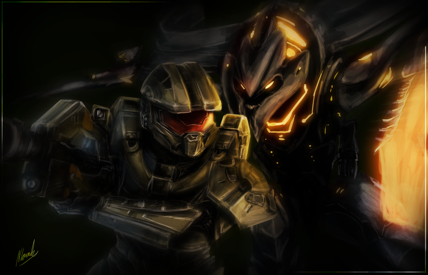 alien armor claws dark_theme gun halo halo_(series) human icedragonhawk male mammal master_chief night promethean promethean_knight ranged_weapon signature spartan standing video_games weapon