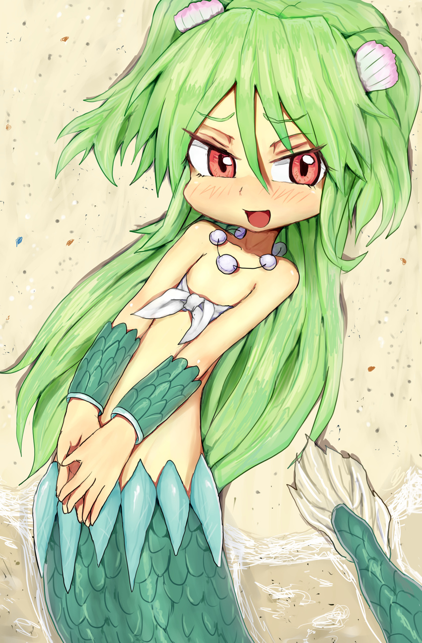 absurdres bad_id bad_pixiv_id green_hair hayake_(chenran) highres jewelry long_hair mermaid monster_girl muromi-san namiuchigiwa_no_muromi-san necklace red_eyes scales seashell shell smile solo twintails two_side_up