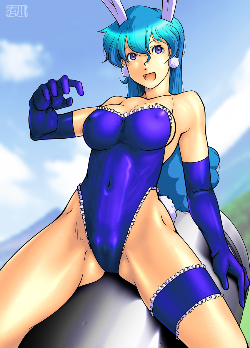 1girl animal_ears arikawa bare_legs bare_shoulders blue_gloves blue_hair breasts bunny_ears bunny_girl bunnysuit cameltoe cleavage clothed_navel cloud earrings elbow_gloves fake_animal_ears female gloves highres hikaru_(parodius) jewelry large_breasts leg_band legs leotard long_hair looking_at_viewer missile open_mouth parodius purple_eyes sitting sky smile solo thighs