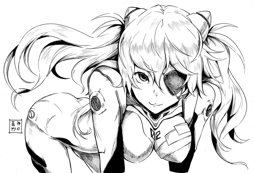 1girl bent_over breasts crosshatching eudetenis eyepatch greyscale high_contrast lineart long_hair looking_at_viewer monochrome neon_genesis_evangelion plugsuit signature solo soryu_asuka_langley souryuu_asuka_langley twintails white_background